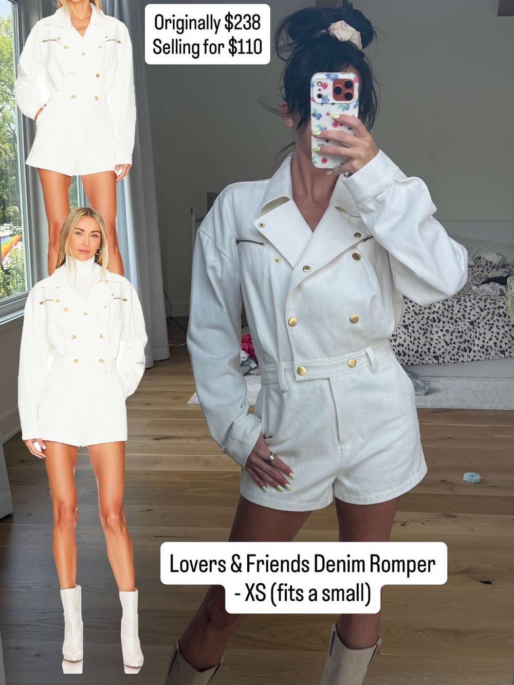 Lovers + Friends White Denim Blazer Romper with Gold Hardware